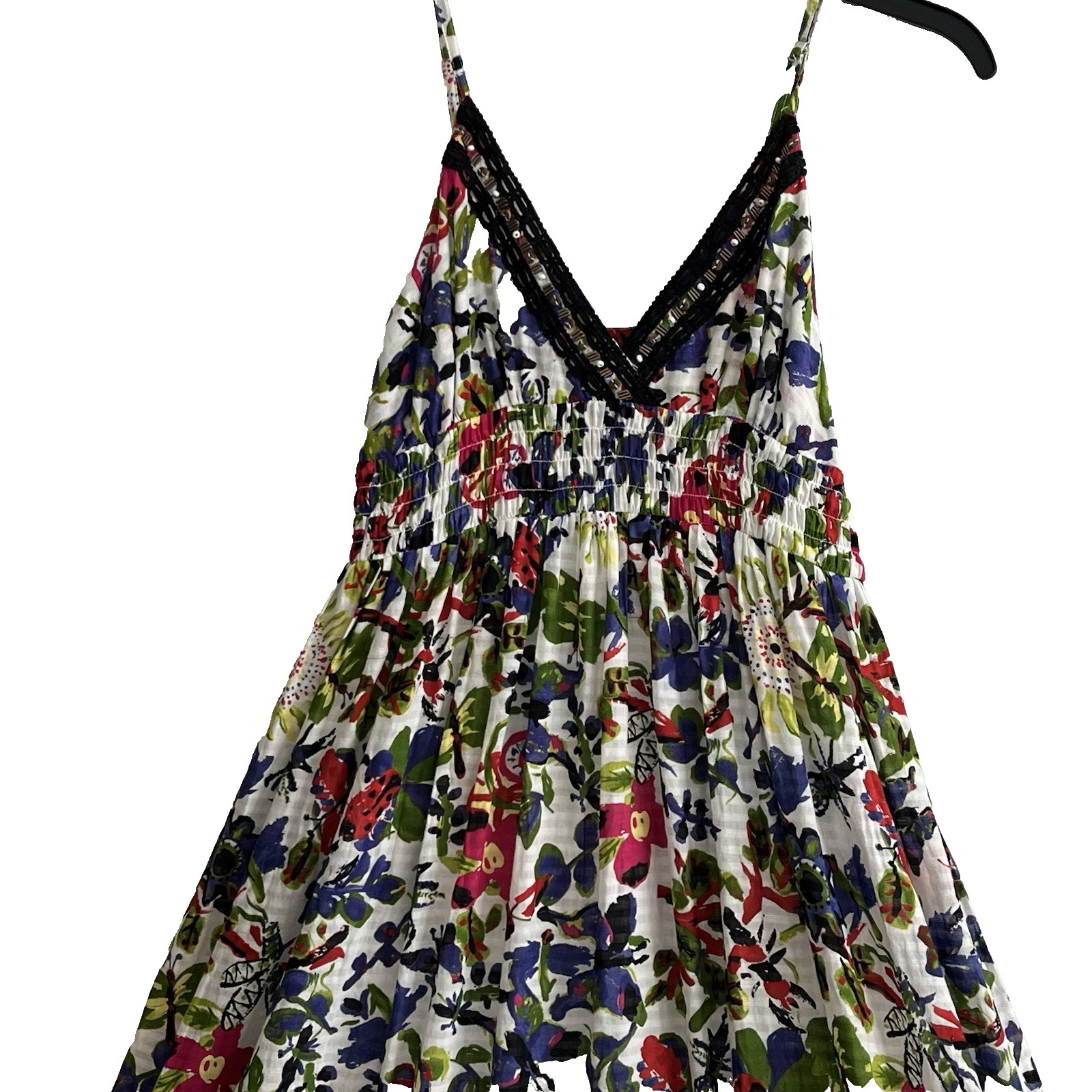 Alberto Makali Cotton Vibrant Floral Flowy Boho Maxi Ruffle Beaded Coastal Mod