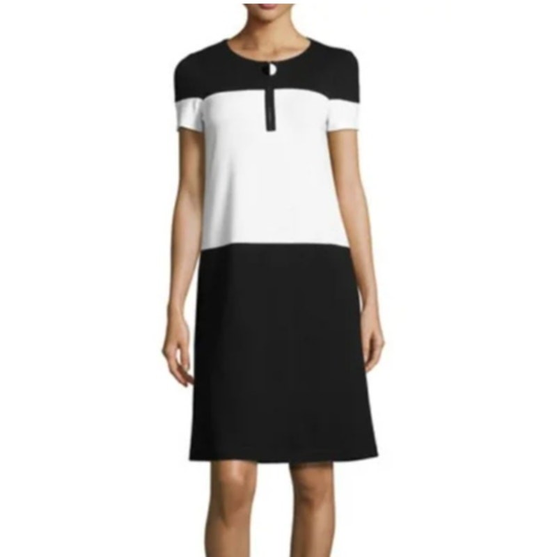 LAFAYETTE 148 Black White Colorblock Jersey Short Sleeve Shift Dress Size Medium