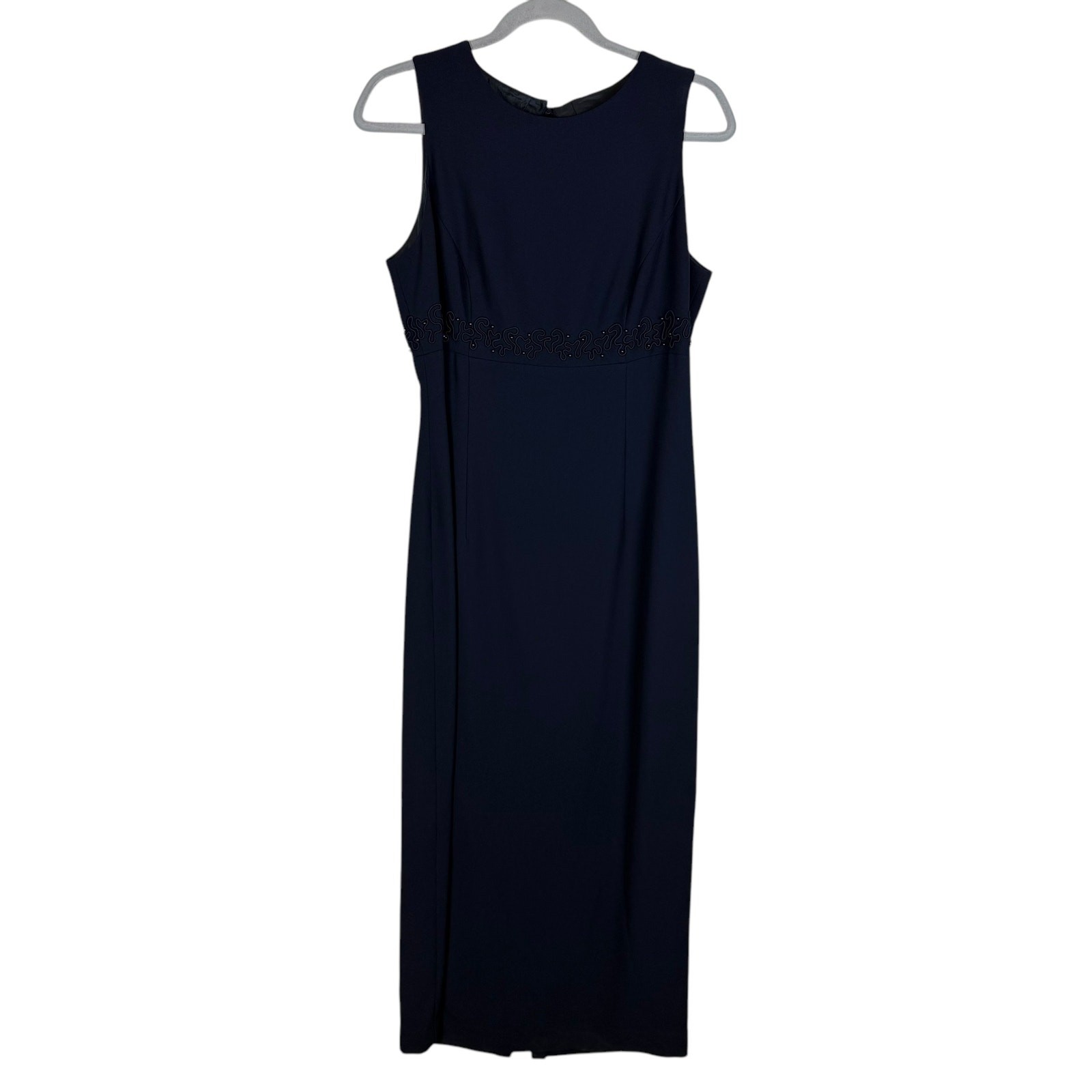 Donna Morgan Maxi Dress Women’s 10 Navy Blue Beaded Bow Keyhole Back Sleeveless
