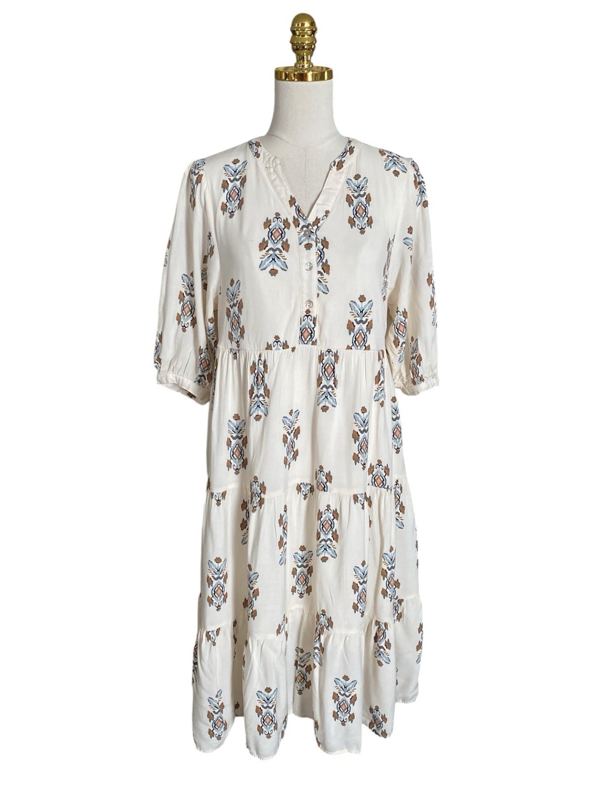Figueroa & Flower Babydoll Peasant Tiered Elbow Puff Sleeve Boho Mini Dress S