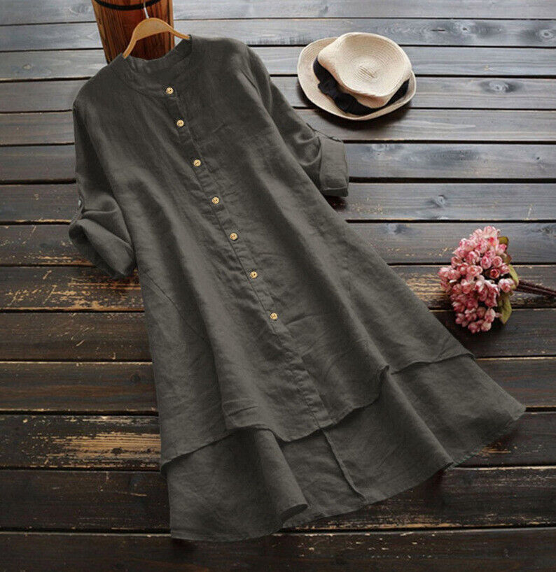 Womens Summer Loose Comfortable Long Skirt Cotton and Hemp Long-Sleeved Dress