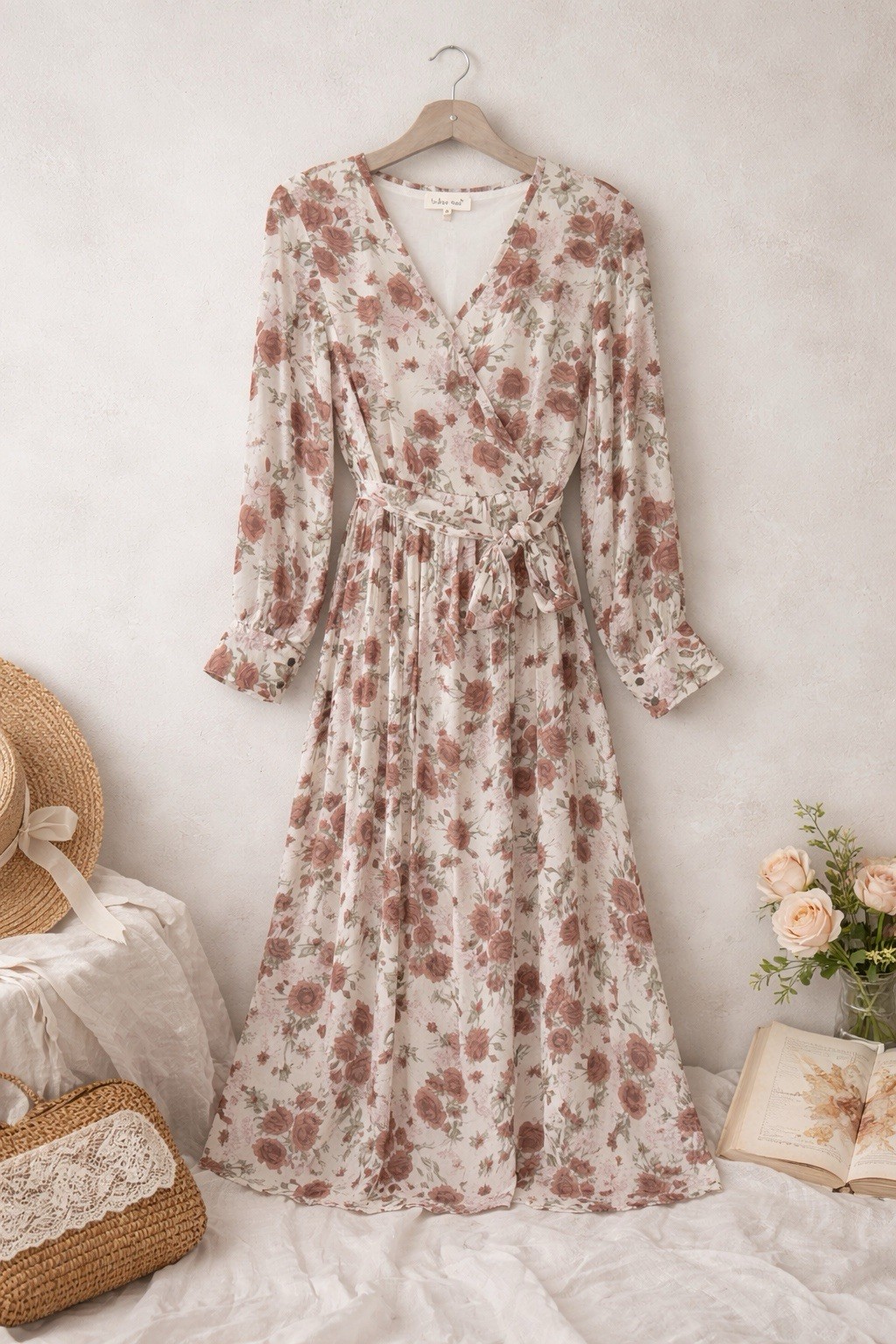 Indigo Soul Rust/Pink Floral Long Sleeve Lined Maxi Dress Sz M Cottagecore