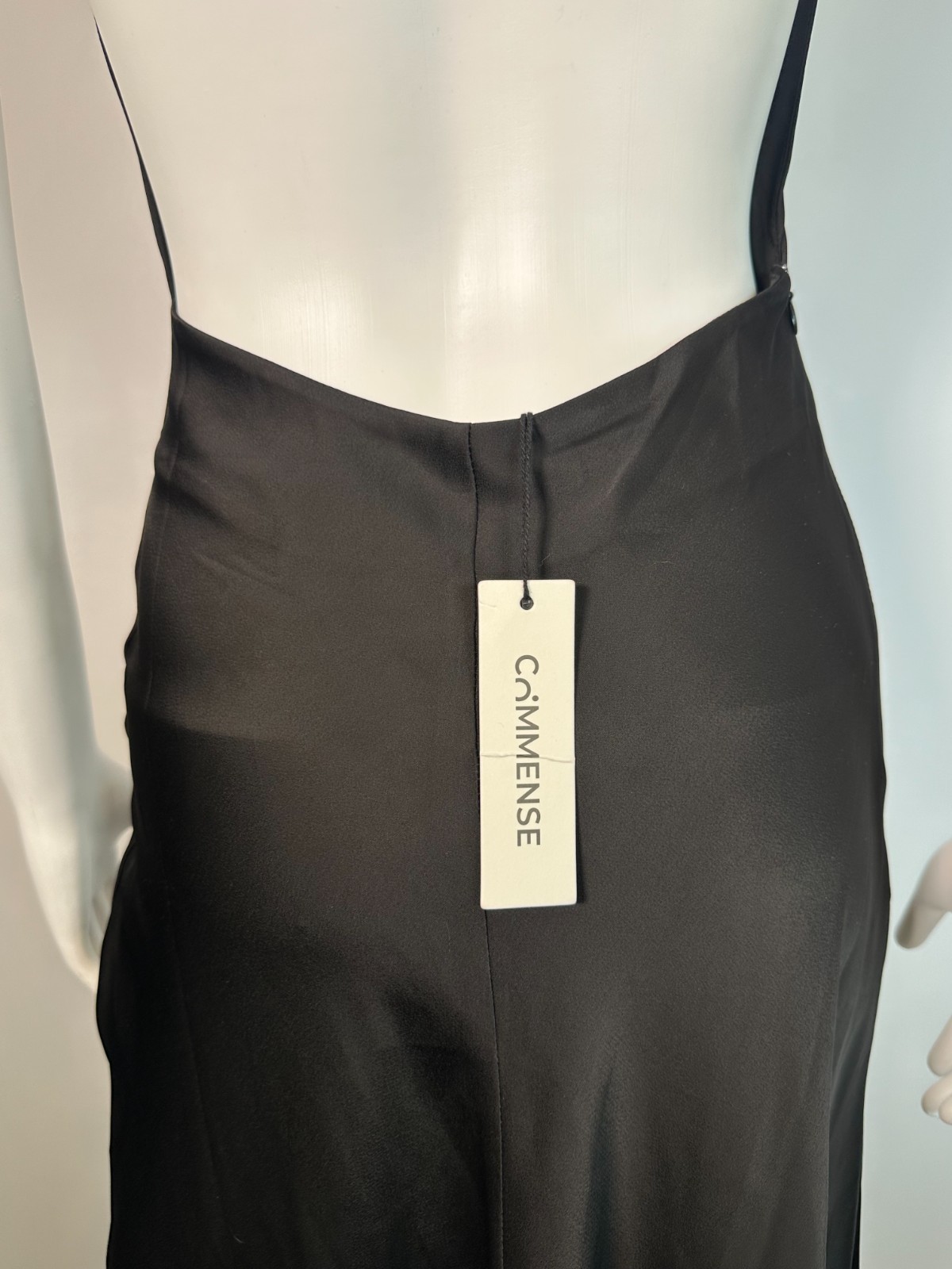 NWT Commense Black Satin Backless Maxi Dress Size XS Minimalist Slip EveningGown