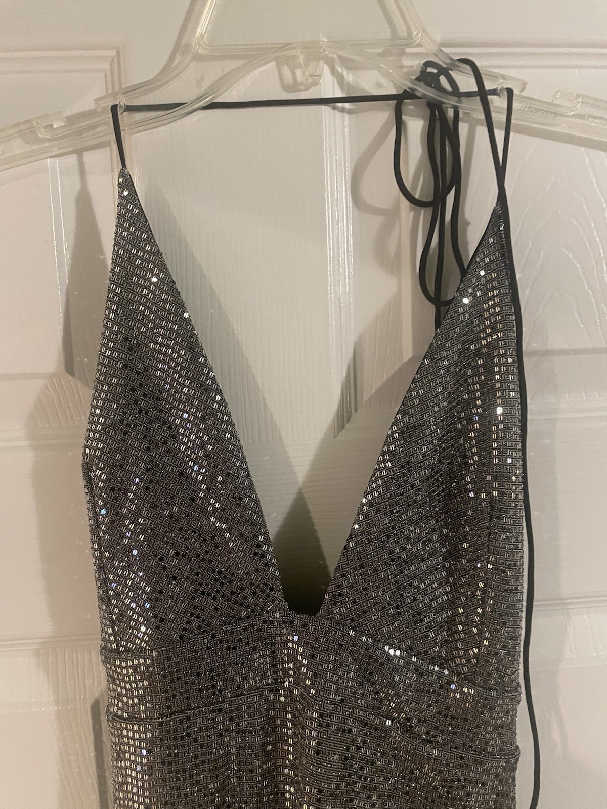 Silver Sequin Metallic Halter Mini Dress Y2K Party Low Cut Small S