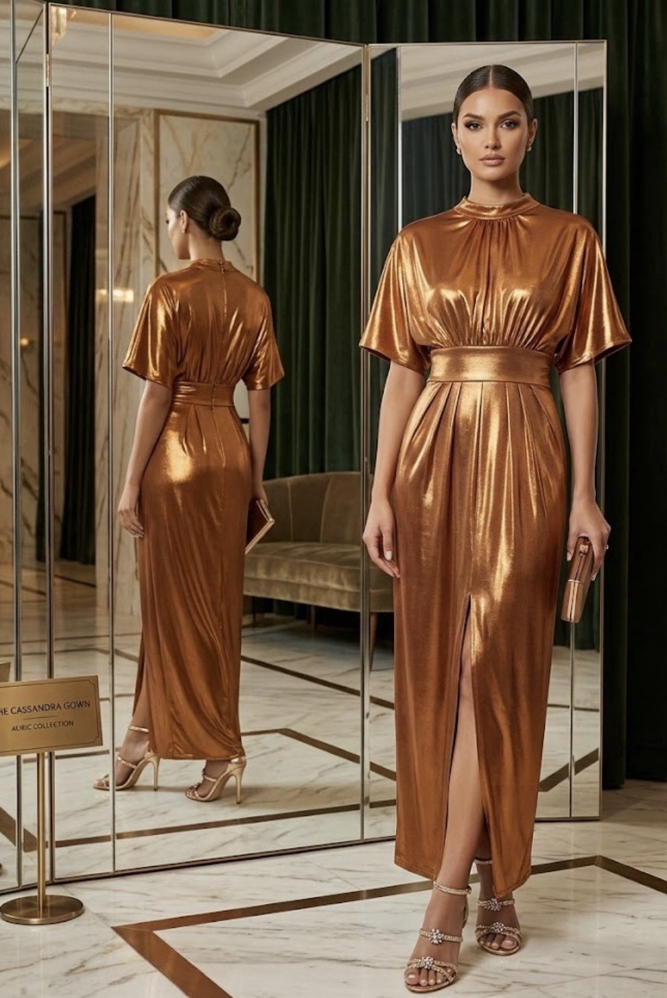 maxi gown featuring a high neckline, pleated details