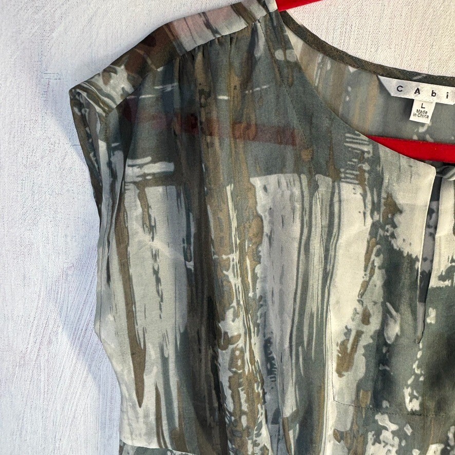 cabi gray multi colored keyhole neck sheer sleeveless tunic top Large L