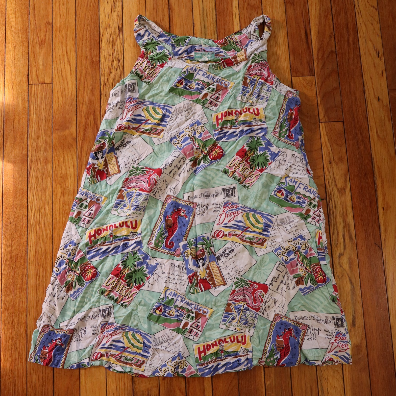 Vtg Reyn Spooner Hawaiian Rayon Dress XL Postcard Print Honolulu Seahorse Aloha