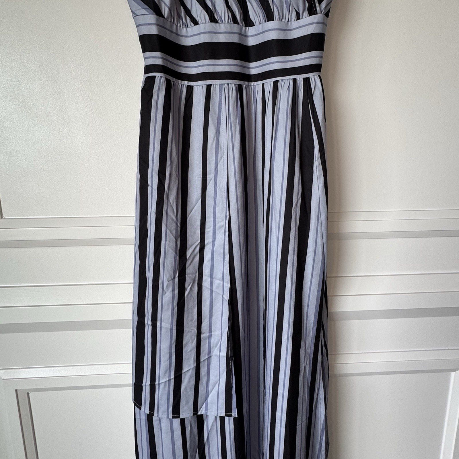 Layered Elegant Striped Sleeveless Halter Dress w/ Pockets Side Zipper Slit Sz M