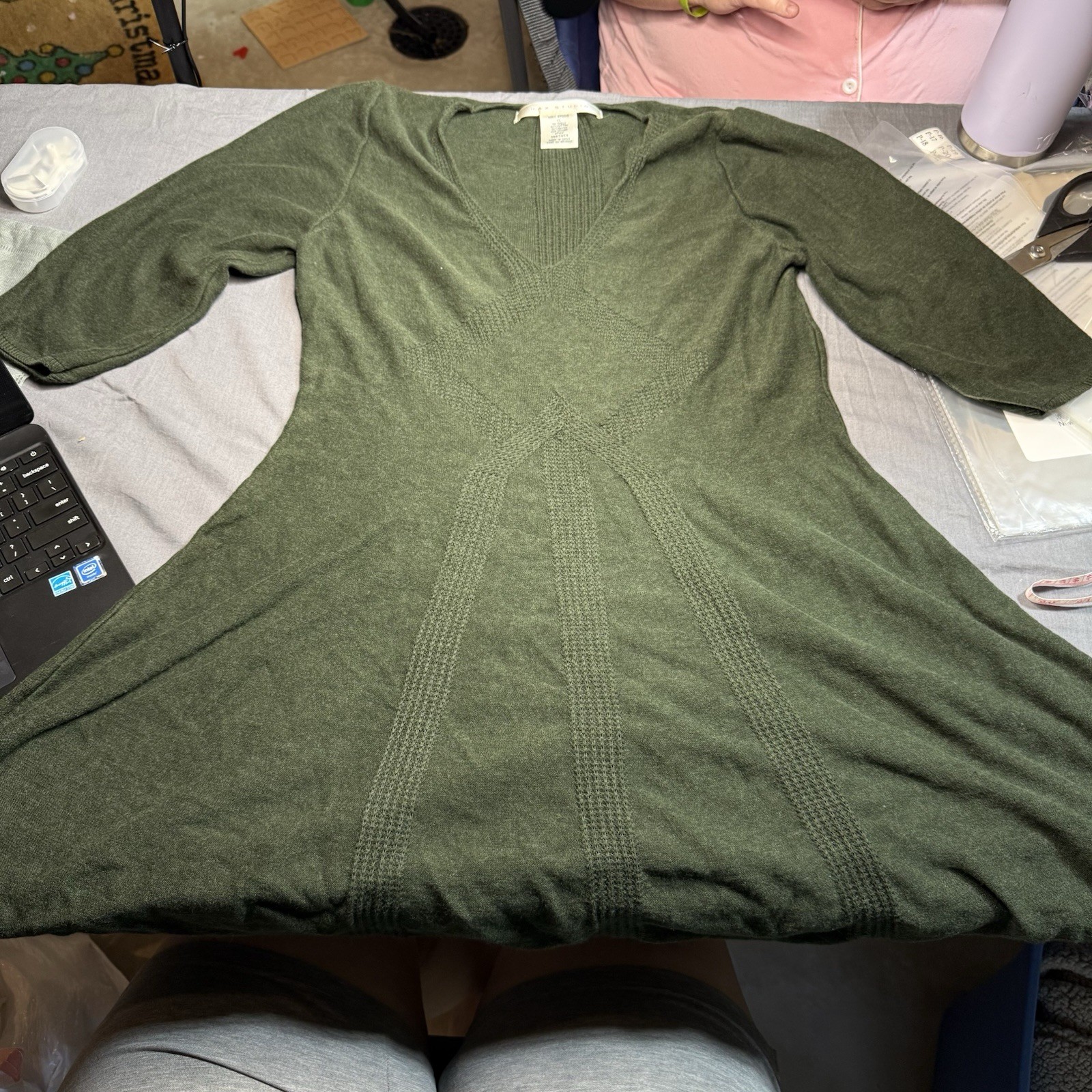 Max Studio Green Solid Textured-Knit V-Neck 3/4 Sleeve Pullover Sweater XL