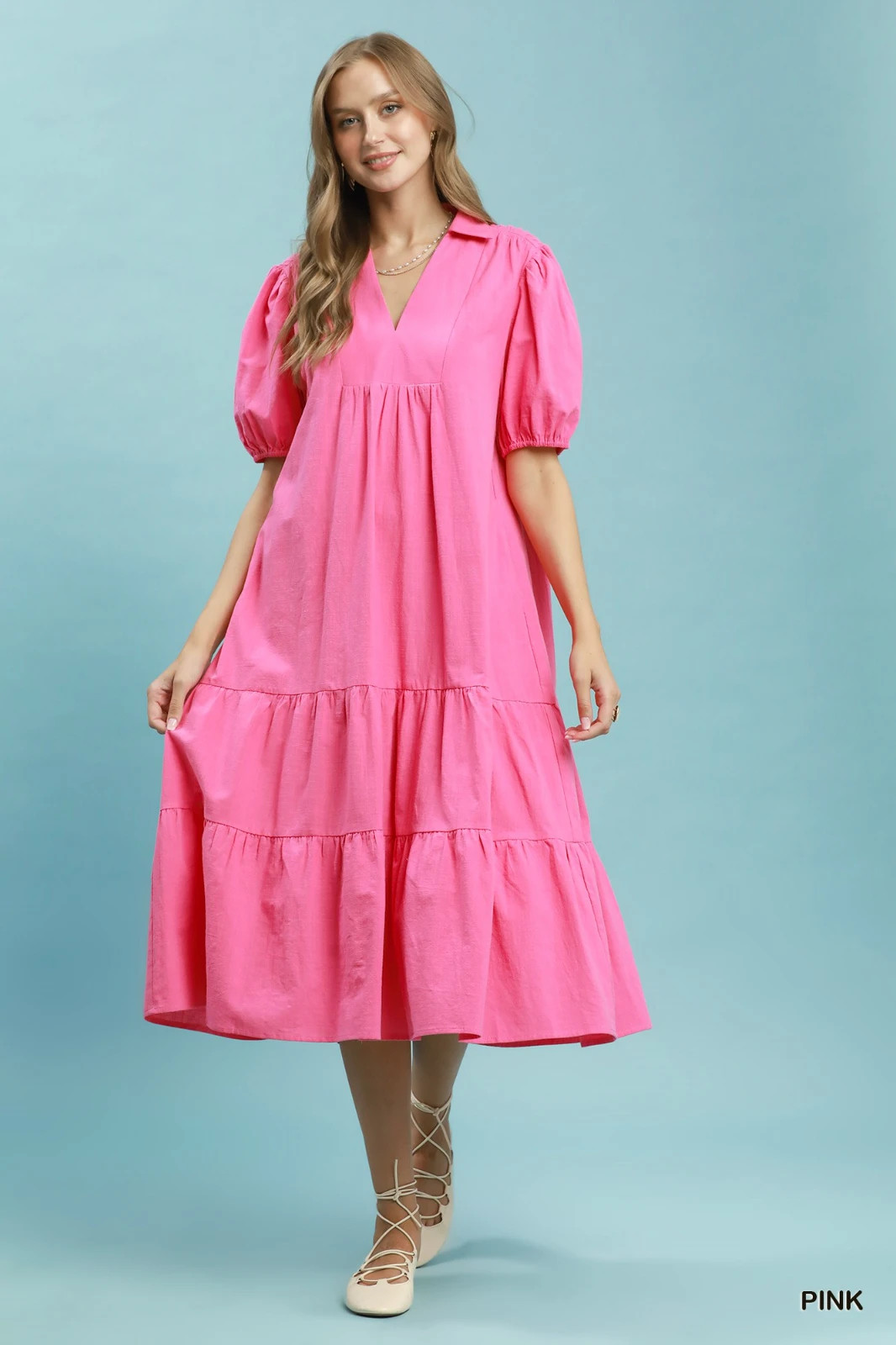 Umgee Solid Tiered Midi Dress – Pink – Small
