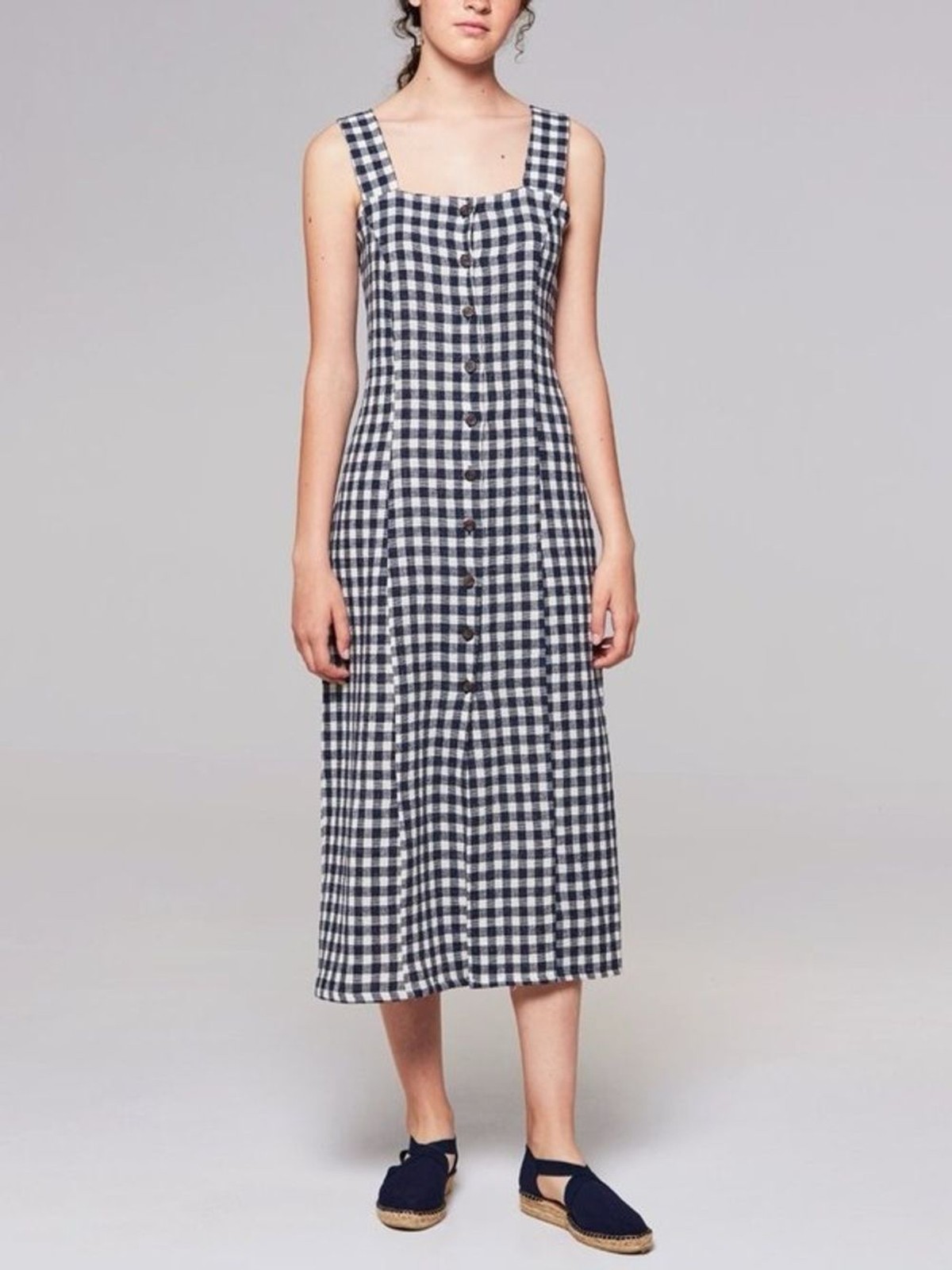 Rita Row Stefan Dress Small Navy Gingham Midi Button Front Linen Blend Portugal