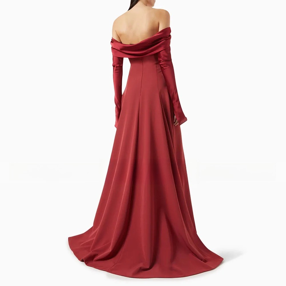 Brown Evening Dresses Off Shoulder Long Sleeves Long A Line Backless Party Gowns