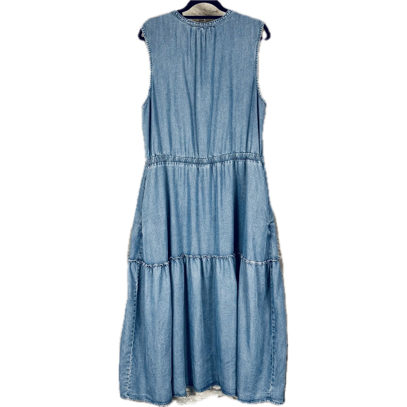 Blue Chambray Tier Prairie Midi Sleeveless Dress 2XL Plus Cottage Cowgirl V-Neck
