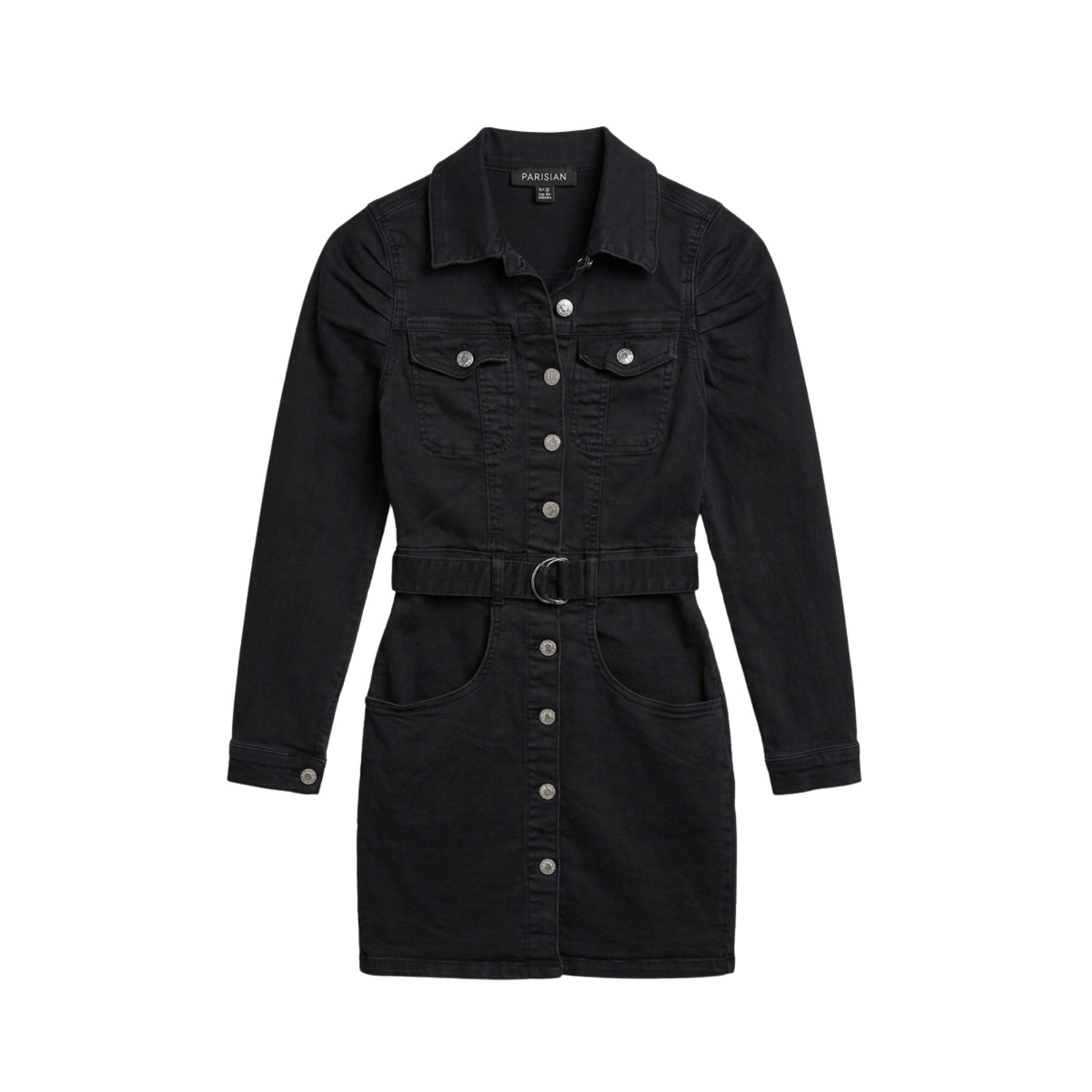 Parisian Black Denim Mini Dress Long Sleeve Button Front Belted Puff Shoulder 4