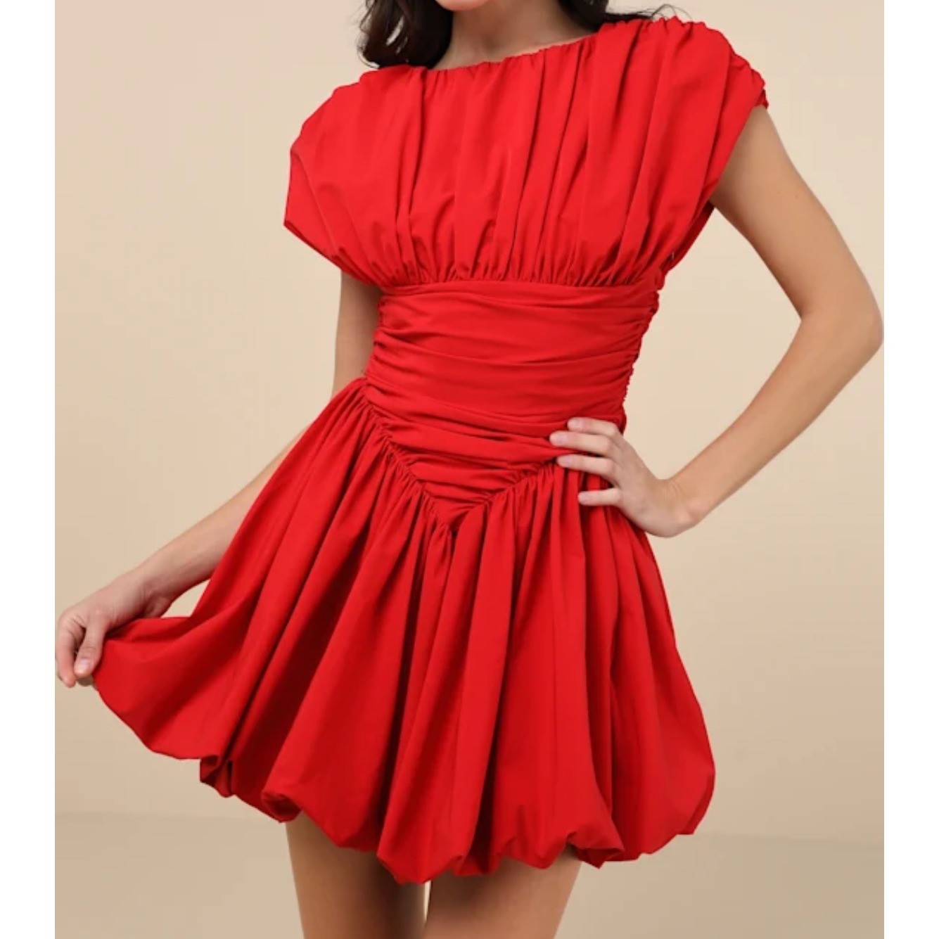 Extro&Vert Red Gathered Ruched Bubble Hem Mini Dress Size M