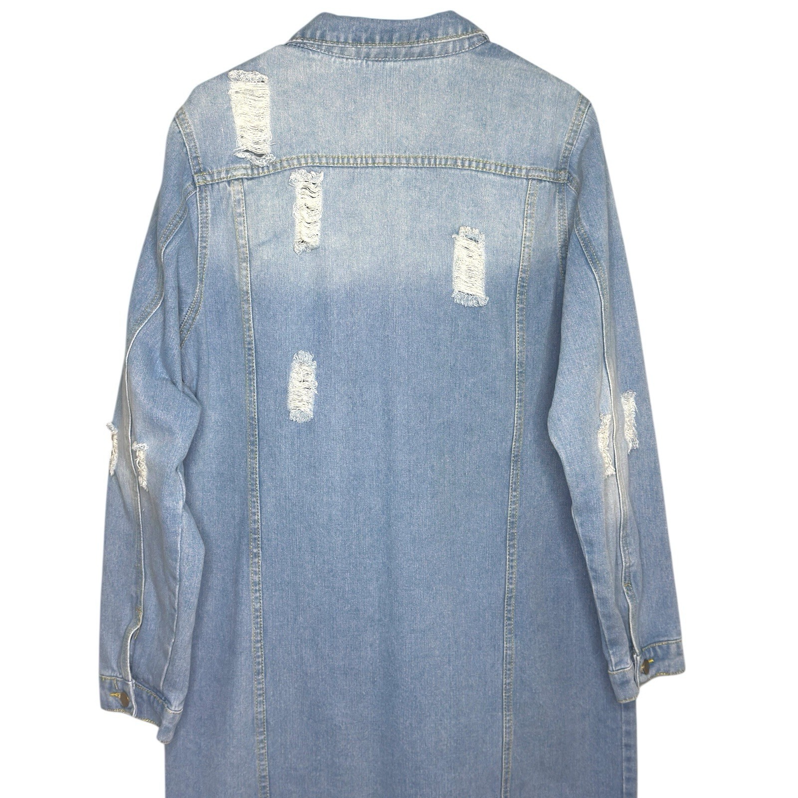 Women’s Long Sleeve Button Down Medium Wash Maxi Dress Size XL Distressed