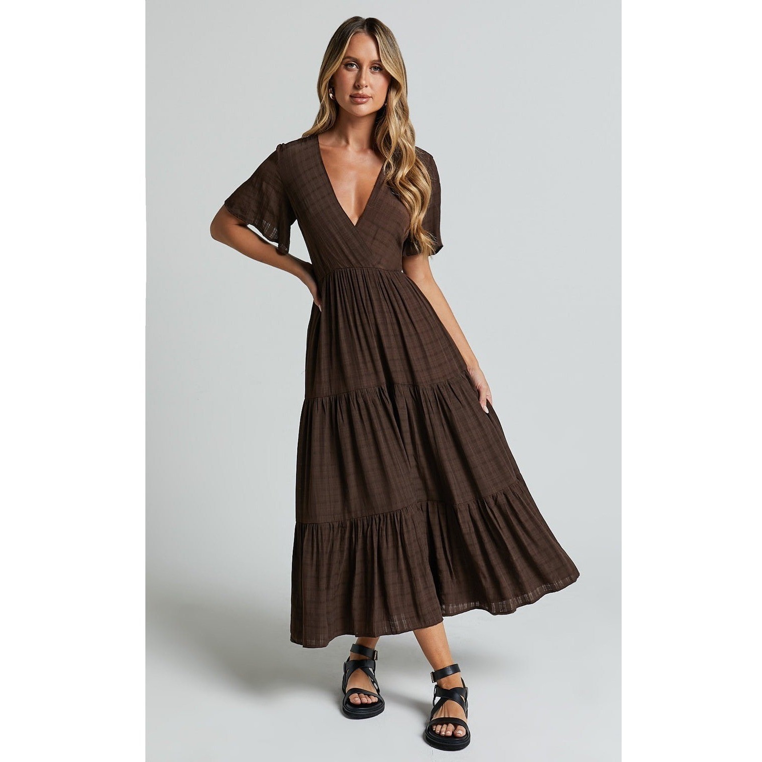 Showpo Cryzel Midi Dress Women 4 Brown Flutter Sleeve Tiered Boho Minimalist