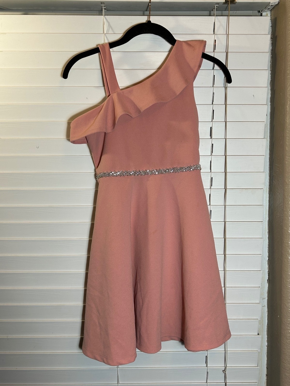 Speechless Pink One-Shoulder Ruffle Dress with Rhinestone Waist Accent Size 10