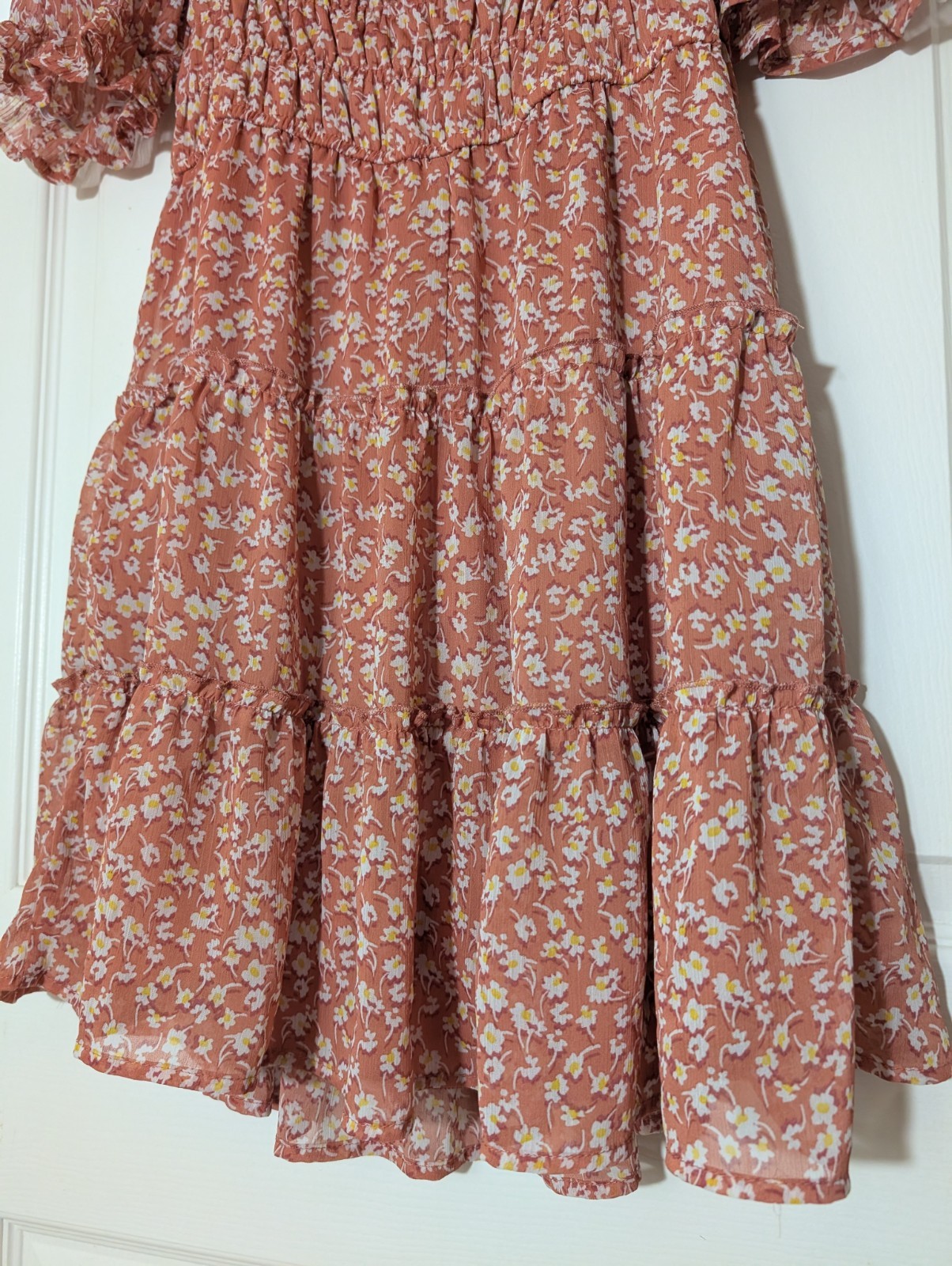 Trixxi Floral Smocked Puff Sleeve Square Neck Mini Dress Pink/Peach Size Large