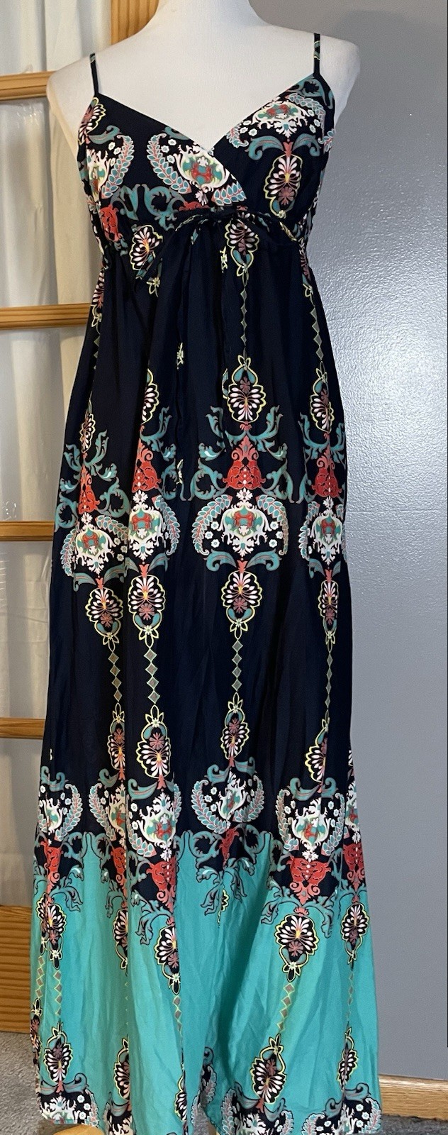 Vtg 90s Xhilaration Bohemian Maxi Dress XL Blue Green Filigree High Waist Beach