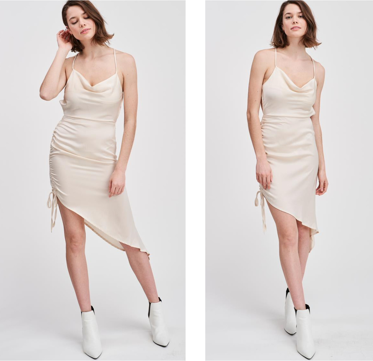 Midi Dress Ivory Cowl Neck Draped Neckline Strappy Criss Cross Cinched Ruched