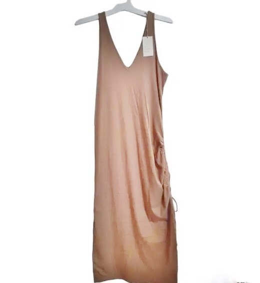 A New Day Womens Sleeveless Lt Brown Ruched Stretched Knit Dress 1X NEW/TAG