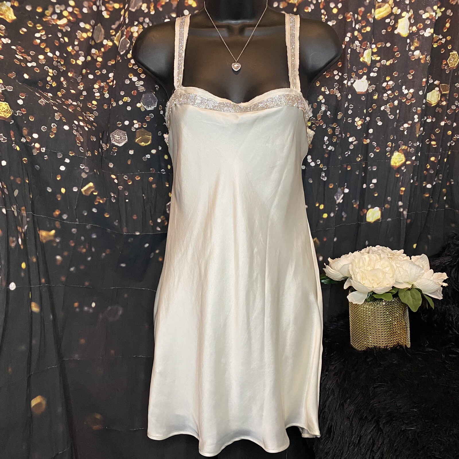 ZARA Jewel Sleeveless Oyster White Mini Short Satin Effect Dress Size XS