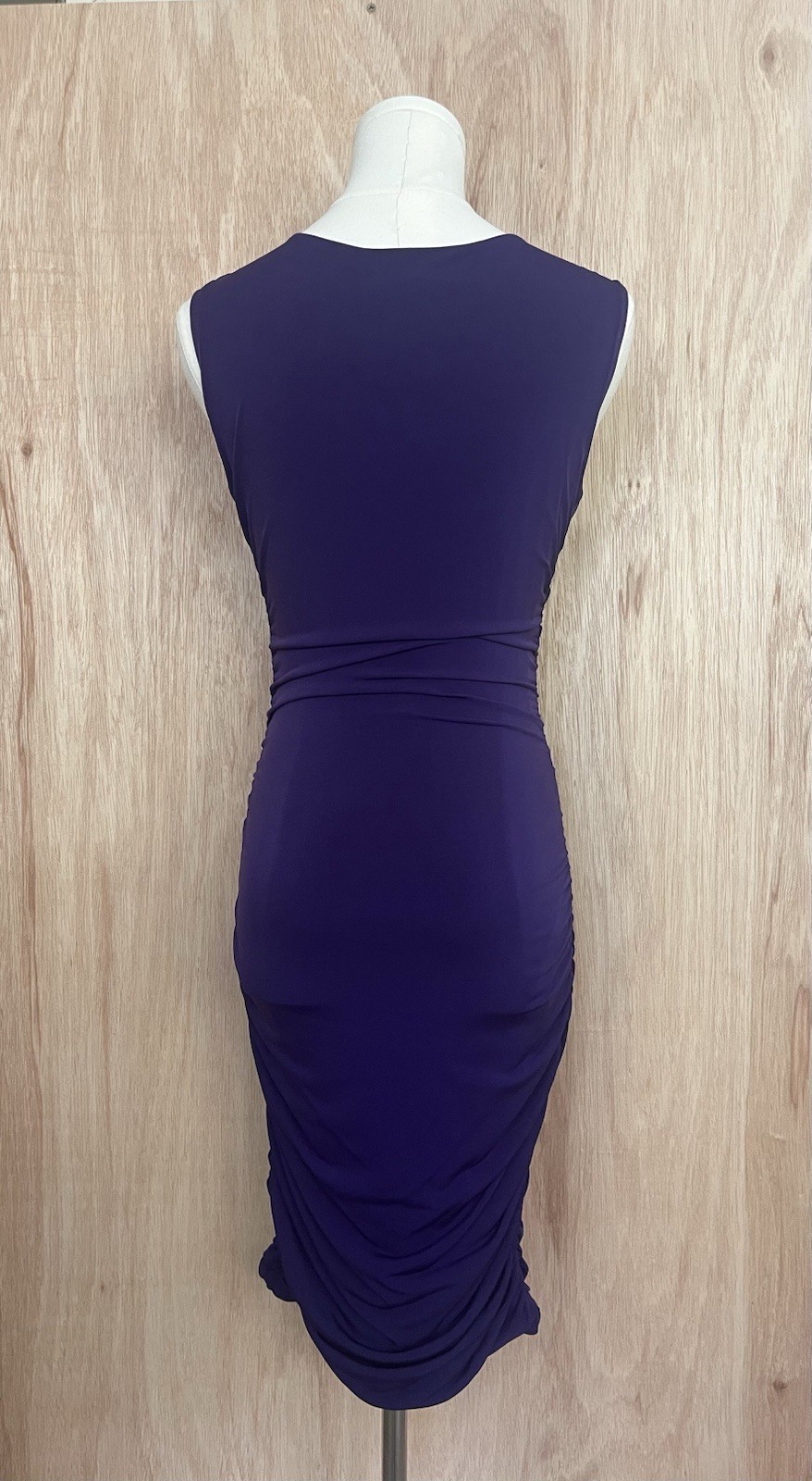 Saint Tropez West Royal Purple Ruched Midi Cowl Neck Sheath Bodycon Dress S 4