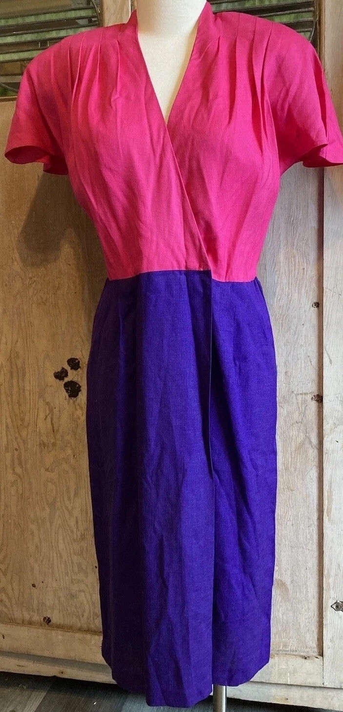 80s 90s VTG Studio I MOD Dress Bright Pink Purple Pockets Shoulder Pads EUC