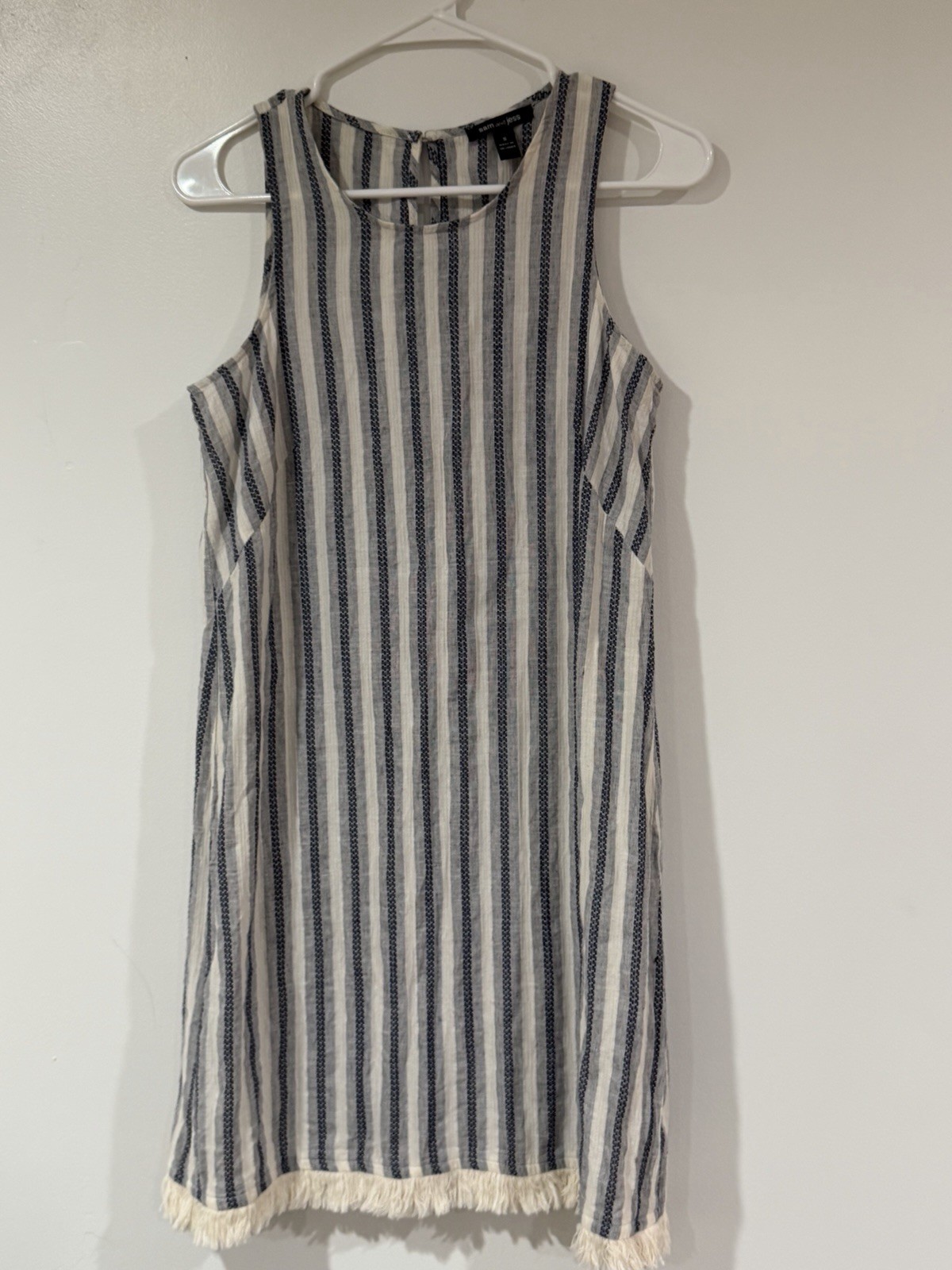 Sam and Jess Blue/Cream Stripped Dress SZ Small Fringe Hem Line.