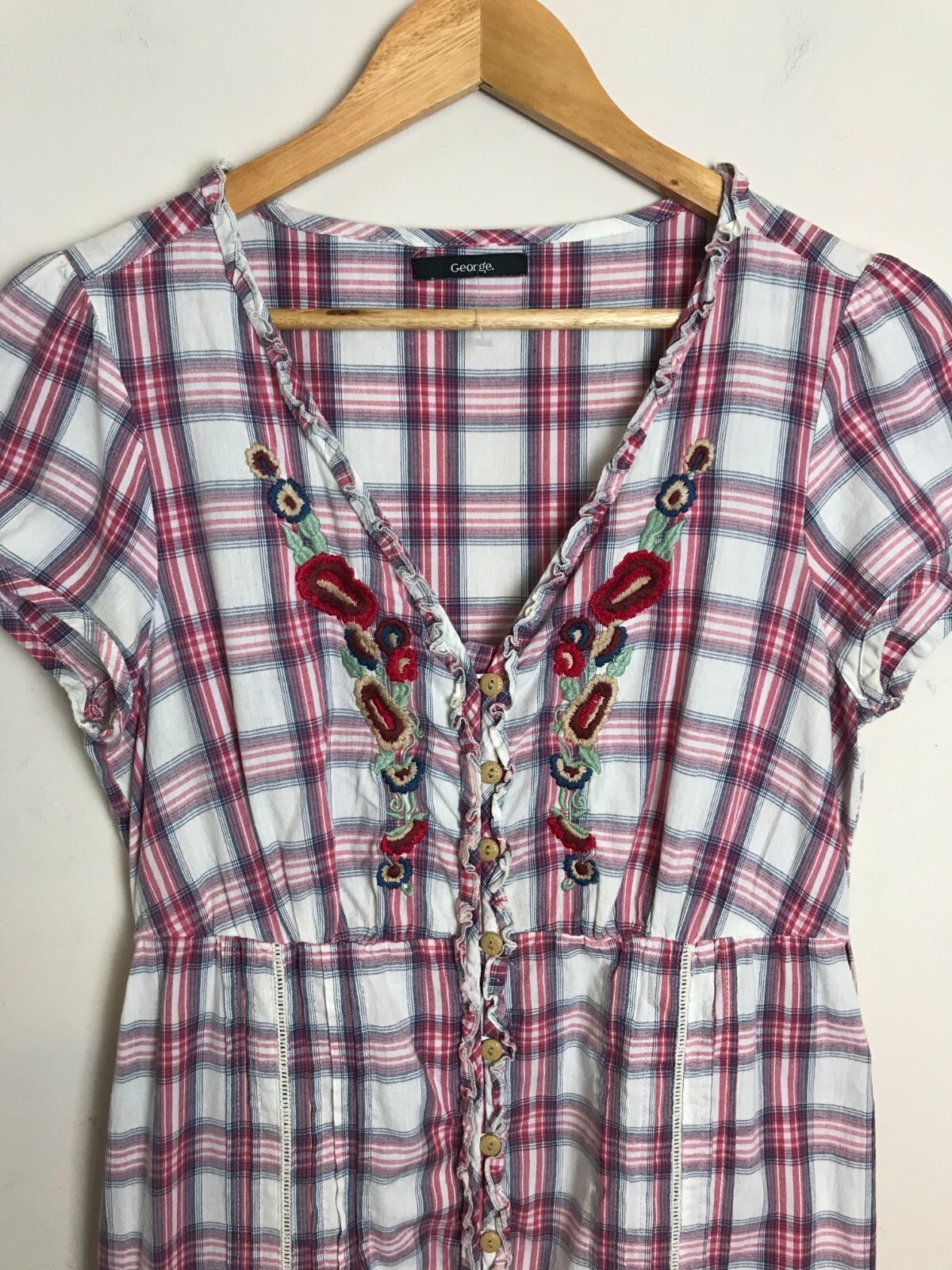 White Red Tartan Check Cotton Embroidered Summer Ruffle Dress size 12 George