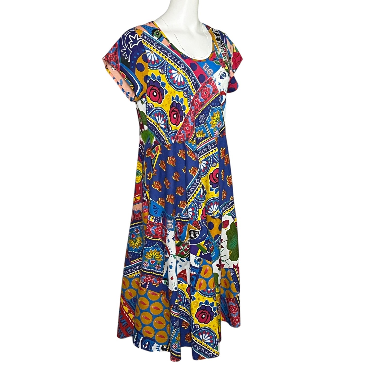 Orientique Amritsar Organic Cotton Patchwork Midi Dress Art Print Size Small