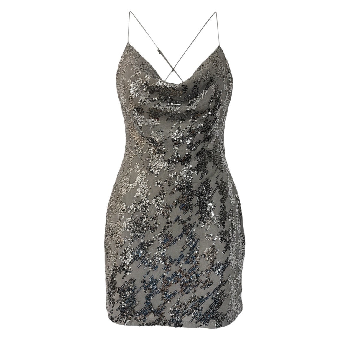 Womens Silver Mini Dress| L| Forever 21 Sequin Cowl Neck Strappy Back Nightcore