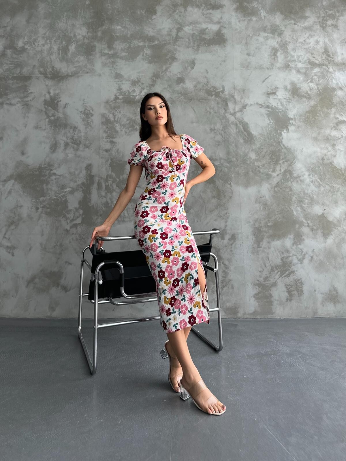 Mixed Patterned Pink Wafer Chest Tie Strap Dress