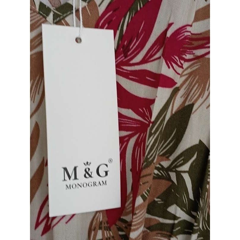 Parisian NWT Tropical Leaf Maxi Dress S 100% Cotton Pink Green Long Slv $158