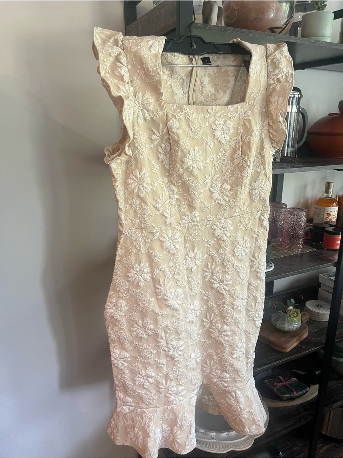 Stretchy Textured Fitted Square Neck Elegant Cream Floral Lace Mini Midi Dress L