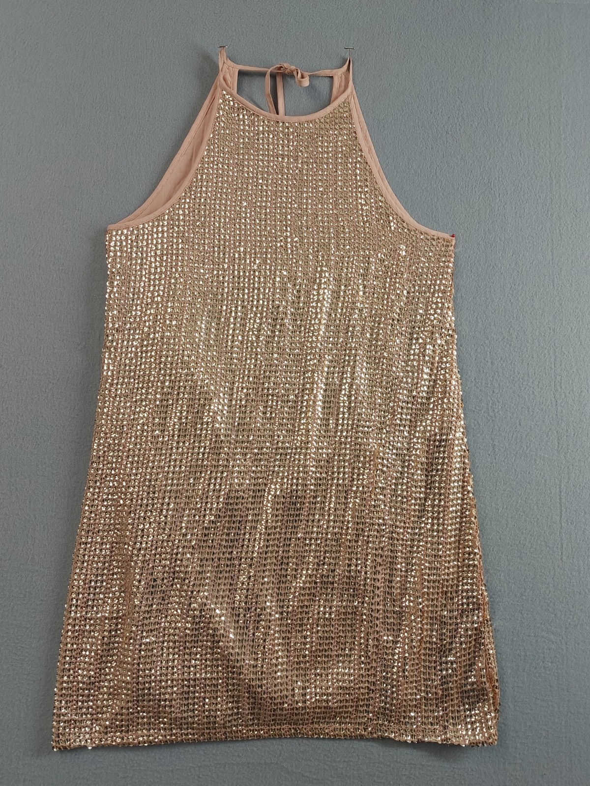 Forever Women Dress M Gold Sequin Halter Neck Tie Back Sleeveless Comfort Party