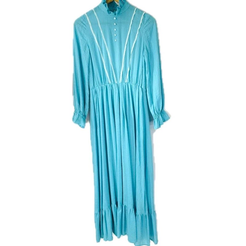 Vintage 70s Bright Blue Cotton Maxi Dress