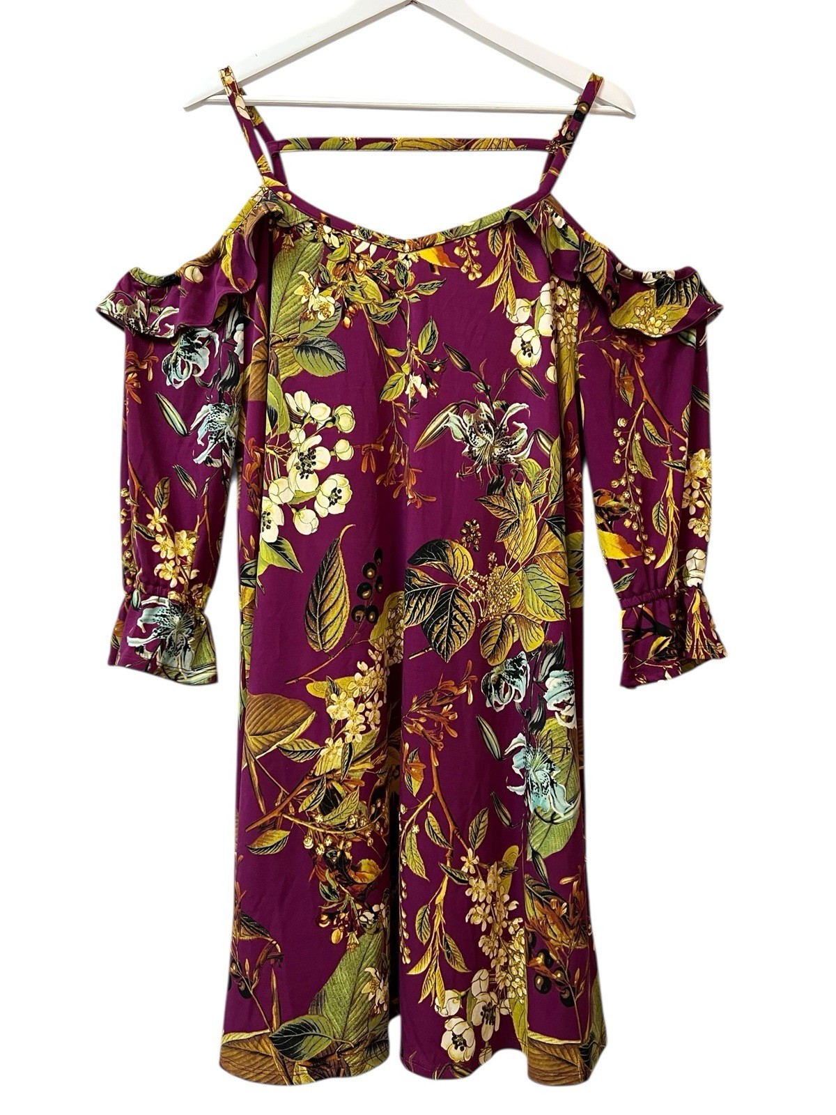 Du Jour Cold Shoulder Dress Floral Purple Raspberry Ruffle 3/4 Sleeve Size Large