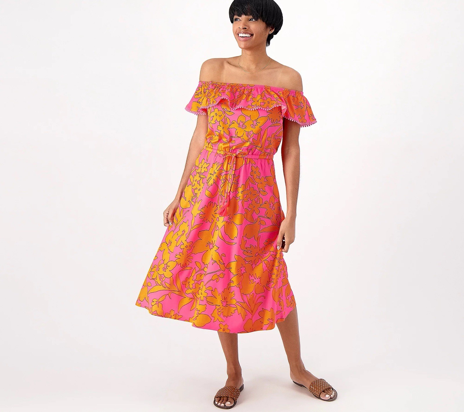 Isaac Mizrahi Live Floral Printed Off Shoulder Dress Size XL Pink A598265 BOHO