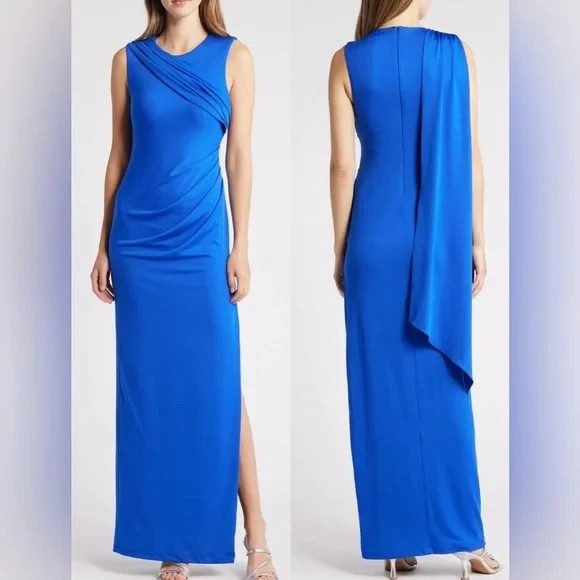 Black Halo Vivid Blue Aruna Ruched & Draped Gown Dress Size 8 $375