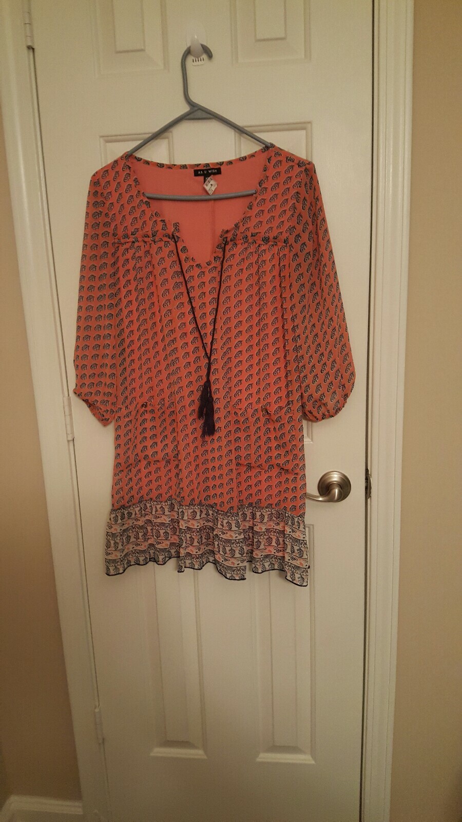 AS U Wish Boho Paisley Dress Sheer Ruffle Peach Multicolor Womens Size XS