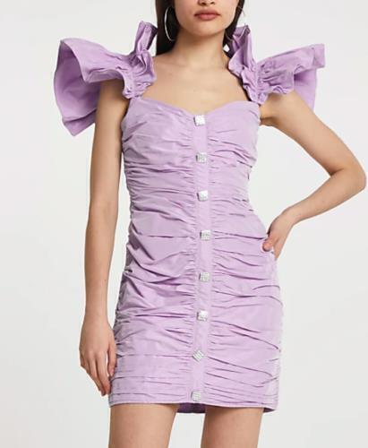 River Island Dress Ruched Ruffle Sleeve Purple Womens Sz UK 14 US 10 NEW NWT N75
