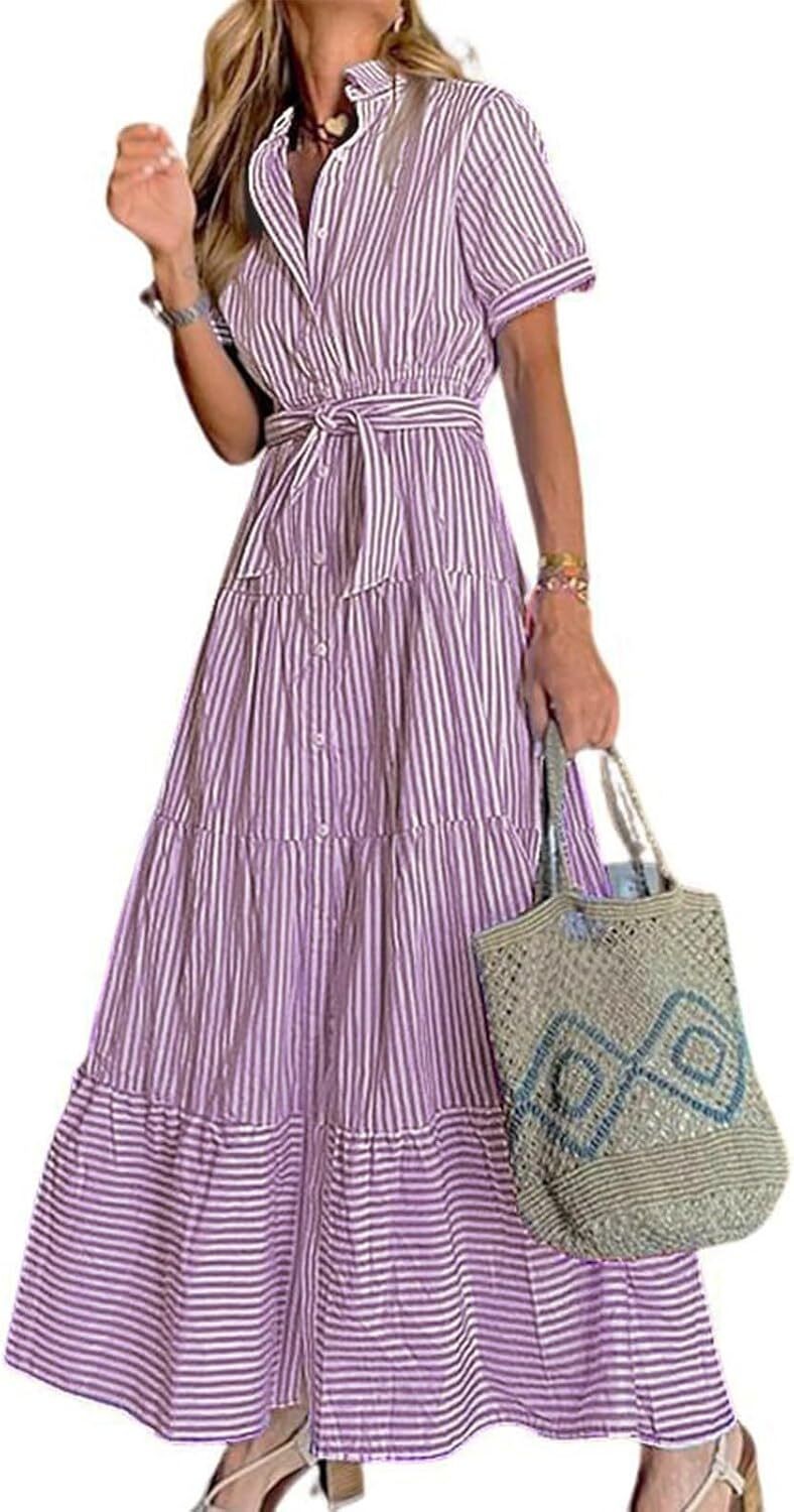 2025 Womens Short Sleeve Button Down Tie Waist Ruffled Striped Maxi Shirt Dress