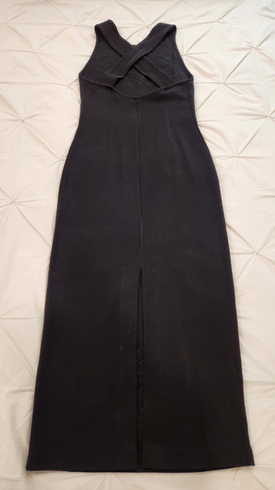 VTG 90s Carole Little Black Beaded Bodycon Wool Blend Dress Criss Cross Back (P)