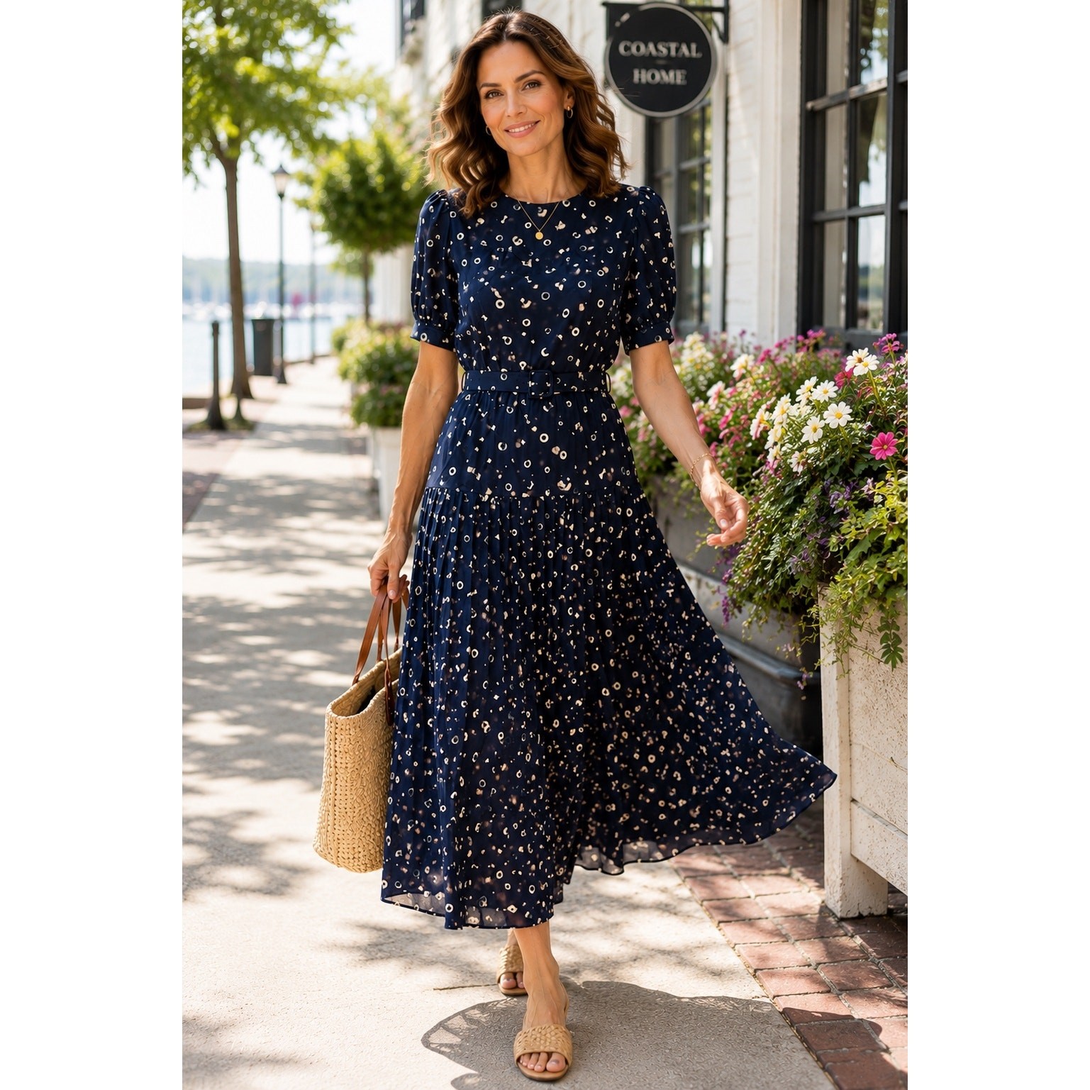 Liz Claiborne Dress Womens 10 Navy White Geometric Pleated Midi Belted Career