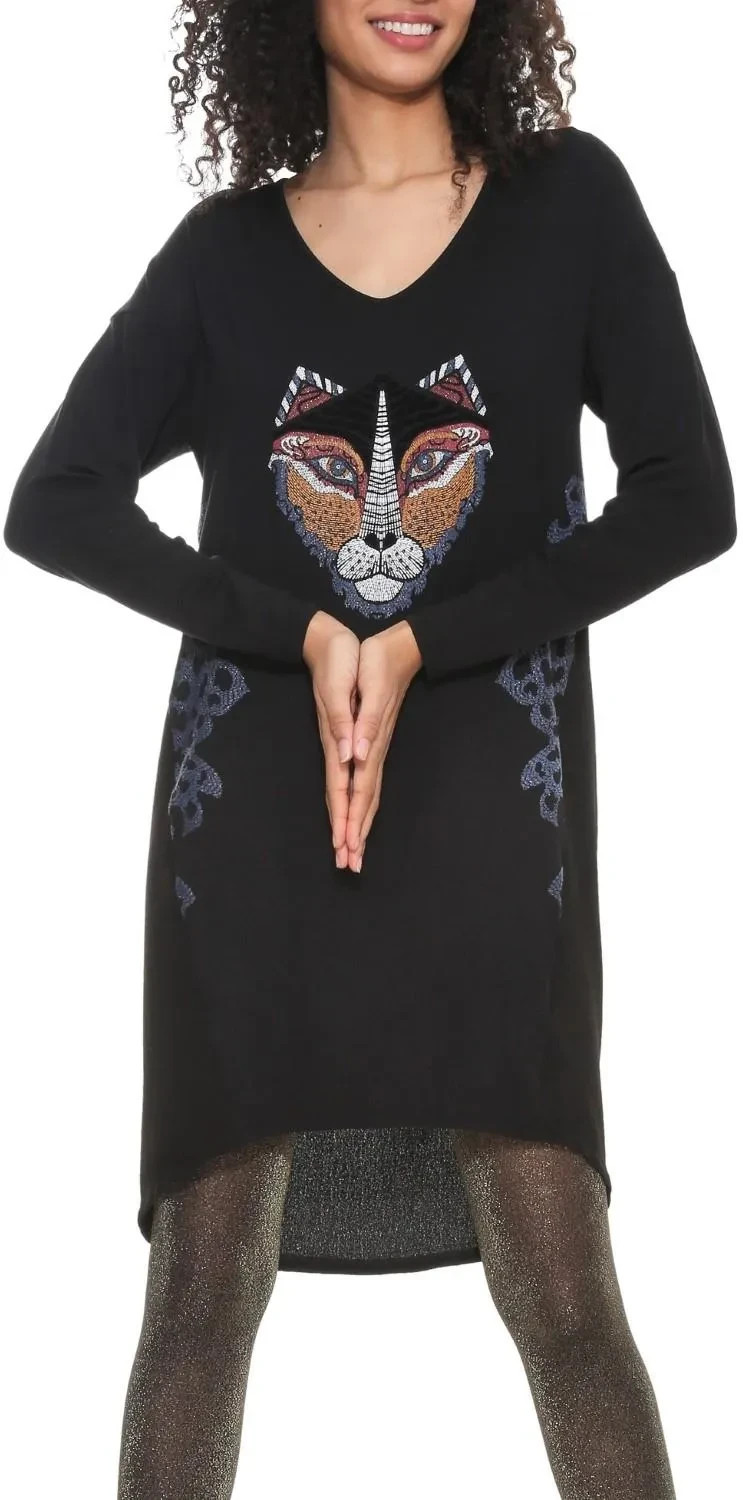 Desigual “Gabriella” Black Tunic Dress L Tiger We Are Animals Long Sleeve