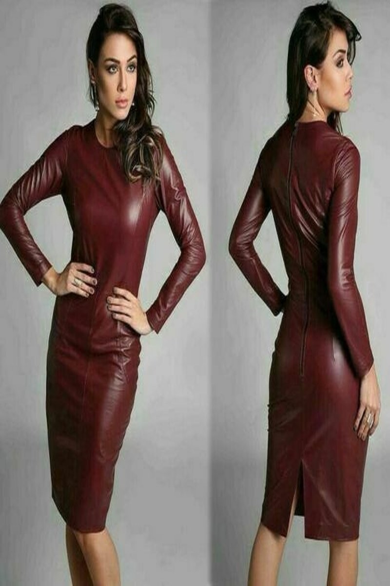 Women’s Maroon Lambskin Leather Dress Bodycon Midi Dress with Long Sleeves