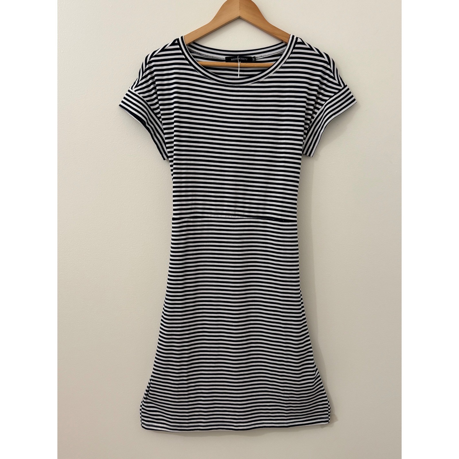 NWT MEROKEETY Navy White Stripe Tie Waist Knee Length Dress Short Sleeve Sz M