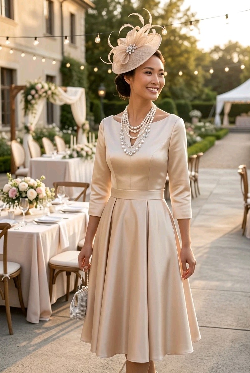 Elegant Champagne Satin Cocktail Dress Size 6 Midi Wedding Party Classic Retro